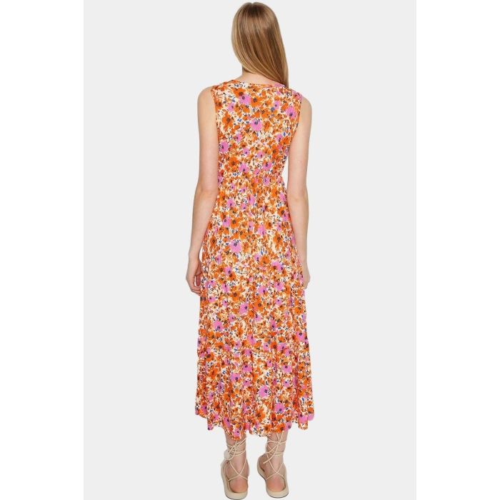 Yazlık Kadın Elbisesi A Line V Yaka Çiçek Desenli Polyester Kaşkorse Uzun Ömürlü