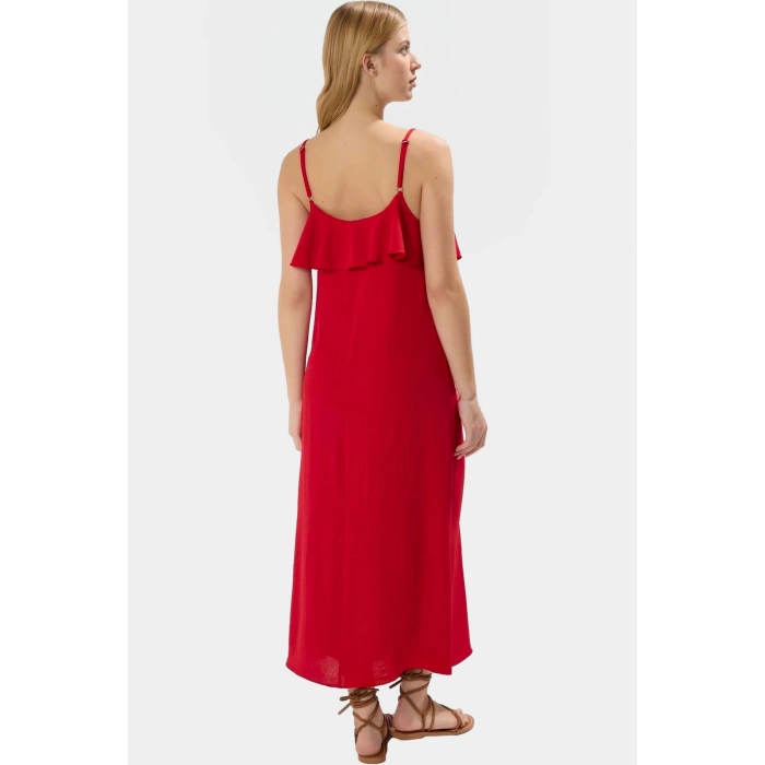 Yazlık Kadın Elbisesi Maxi V Yaka Fırfırlı Düz Kesim  Polyester Özenle Seçilmiş