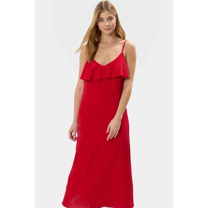 Yazlık Kadın Elbisesi Maxi V Yaka Fırfırlı Düz Kesim  Polyester Özenle Seçilmiş