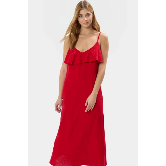 Yazlık Kadın Elbisesi Maxi V Yaka Fırfırlı Düz Kesim  Polyester Özenle Seçilmiş