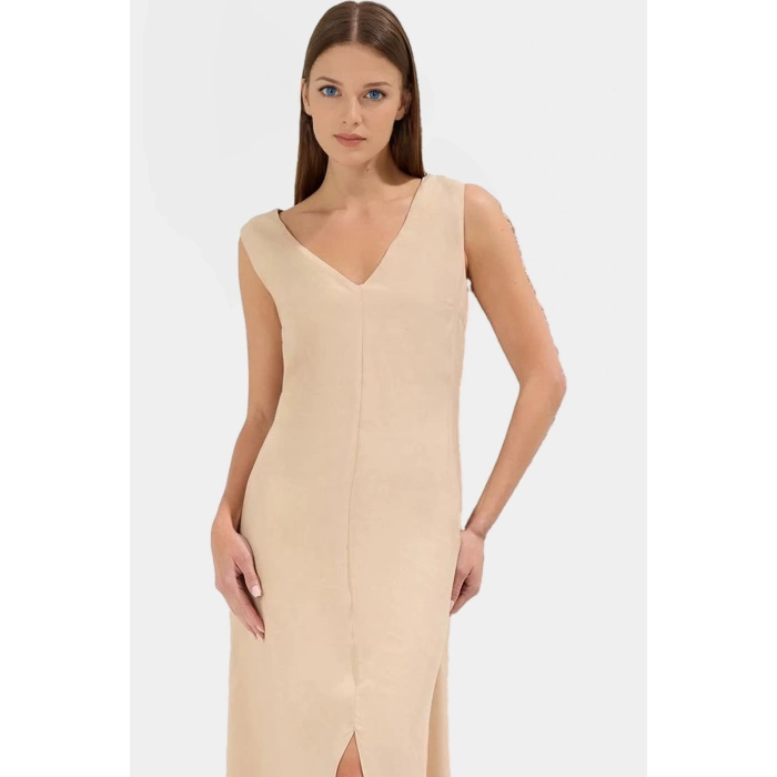 Yazlık Kadın Midi Elbisesi V Yaka Düz Kesim Polyester Şık ve Rahat Konforlu Yüksek Kalite