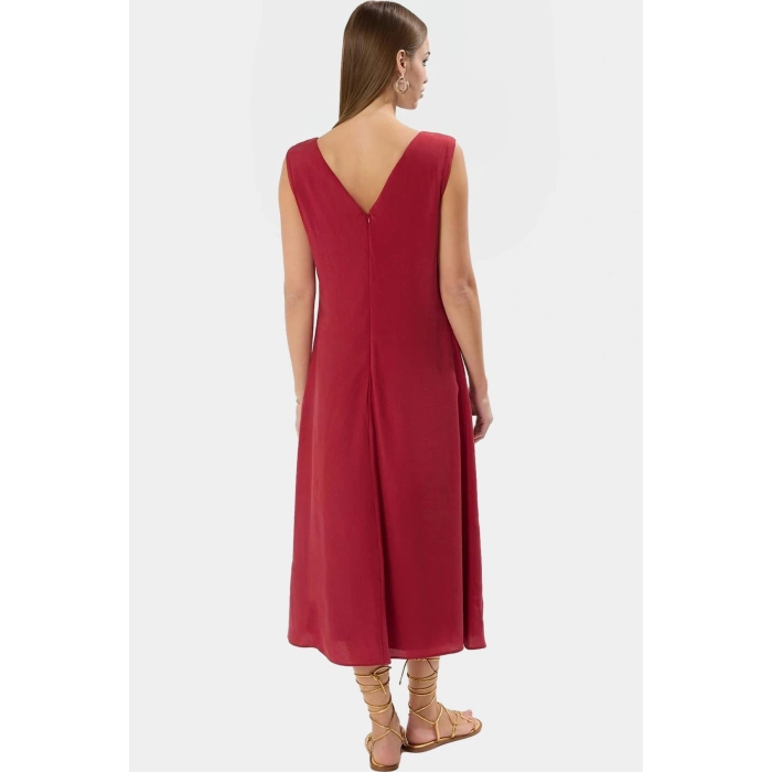 Yazlık Kadın Midi Elbisesi V Yaka Düz Kesim Polyester Şık ve Rahat Konforlu Yüksek Kalite