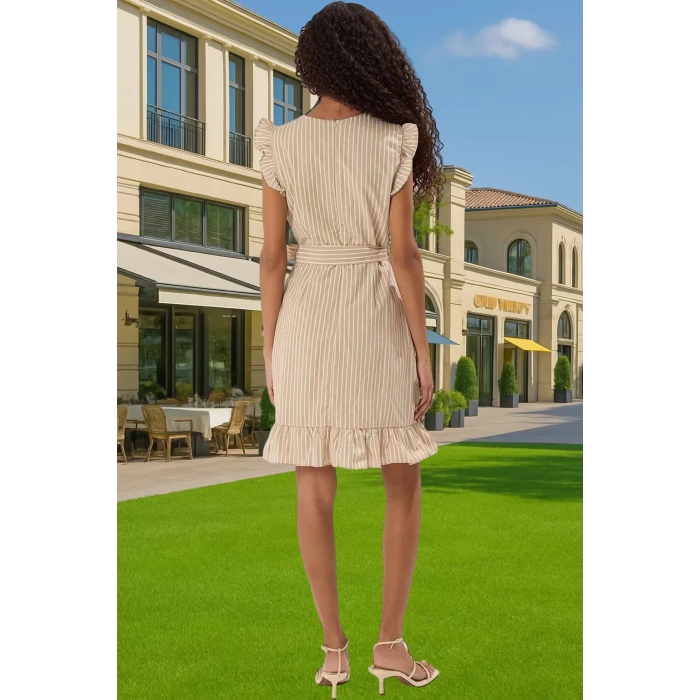 Yazlık Kadın Mini Elbise Poplin Kumaş Çizgili Desen Bel Kuşağı Uzun Ömürlü Kaliteli İşçilik