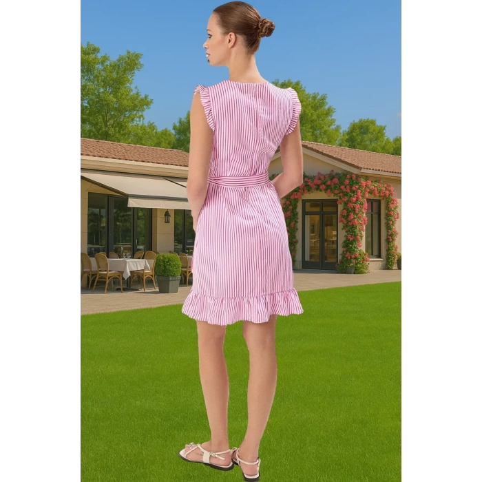 Yazlık Kadın Mini Elbise Poplin Kumaş Çizgili Desen Bel Kuşağı Uzun Ömürlü Kaliteli İşçilik