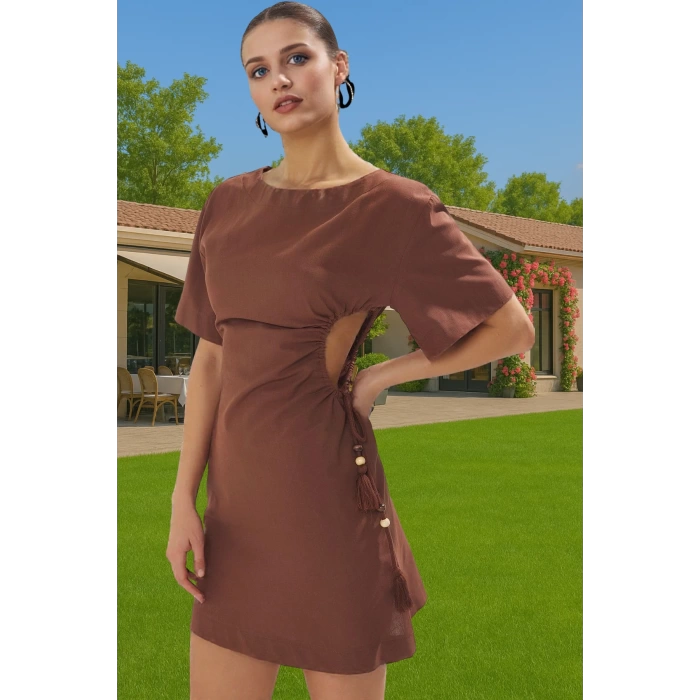 Yazlık Kadın Mini Pamuklu Plaj Elbisesi Cut Out Detaylı Özel Tasarım Uzun Ömürlü Konforlu Kesim