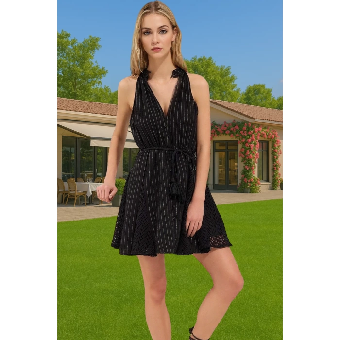 Yazlık Kadın Mini Plaj Elbise Halter Yaka Müslin Dokuma Özel Tasarım Trend Tasarım Uzun Ömürlü