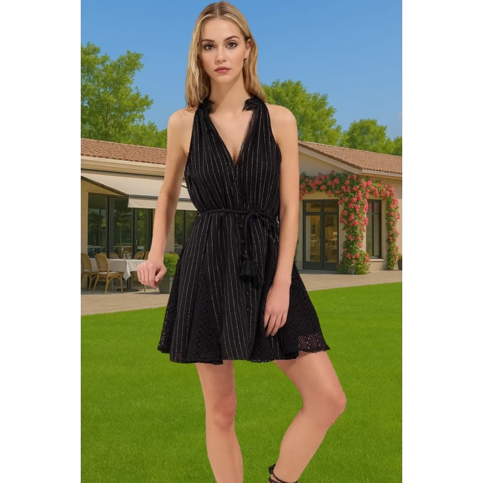Yazlık Kadın Mini Plaj Elbise Halter Yaka Müslin Dokuma Özel Tasarım Trend Tasarım Uzun Ömürlü