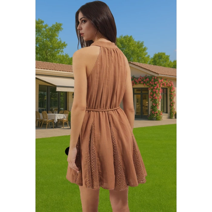Yazlık Kadın Mini Plaj Elbise Halter Yaka Müslin Dokuma Özel Tasarım Trend Tasarım Uzun Ömürlü