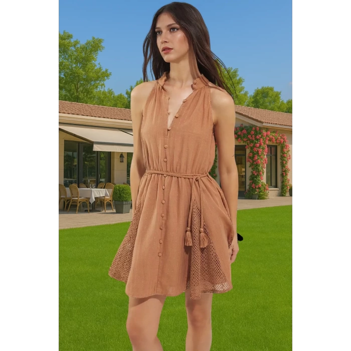 Yazlık Kadın Mini Plaj Elbise Halter Yaka Müslin Dokuma Özel Tasarım Trend Tasarım Uzun Ömürlü