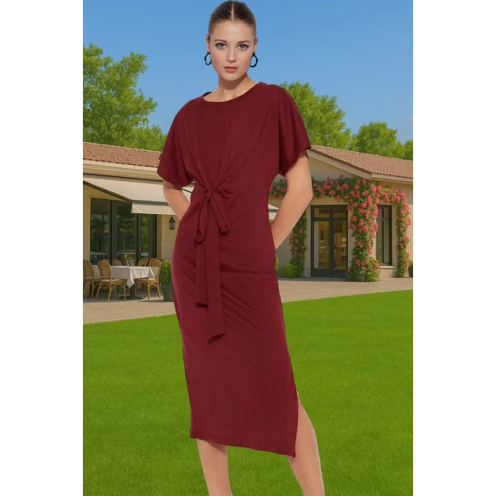 Yazlık Kadın Pamuk Midi Elbise Bodycon Kalıp Bağcıklı Tasarım Modern Stil Profesyonel Görünüm