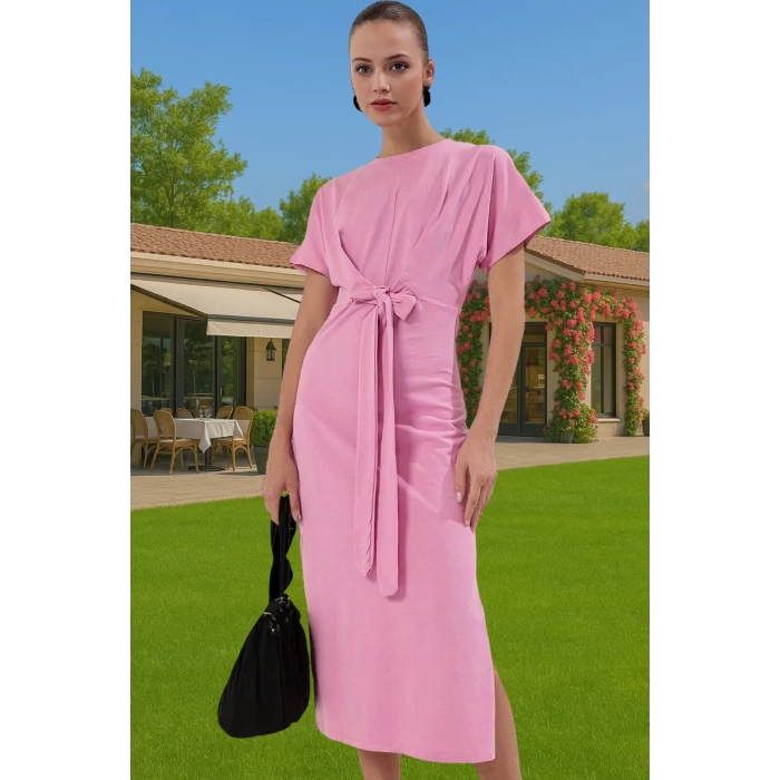 Yazlık Kadın Pamuk Midi Elbise Bodycon Kalıp Bağcıklı Tasarım Modern Stil Profesyonel Görünüm