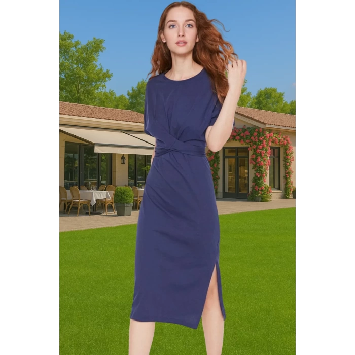 Yazlık Kadın Pamuk Midi Elbise Bodycon Kalıp Bağcıklı Tasarım Modern Stil Profesyonel Görünüm