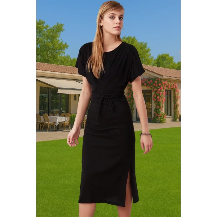 Yazlık Kadın Pamuk Midi Elbise Bodycon Kalıp Bağcıklı Tasarım Modern Stil Profesyonel Görünüm