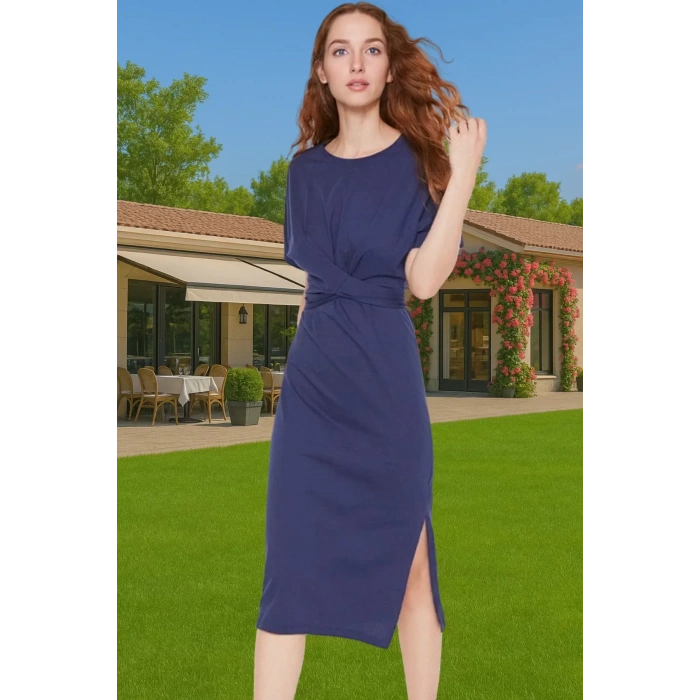 Yazlık Kadın Pamuk Midi Elbise Bodycon Kalıp Bağcıklı Tasarım Modern Stil Profesyonel Görünüm