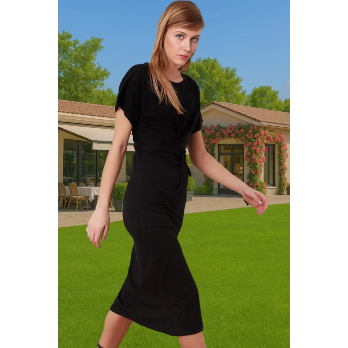 Yazlık Kadın Pamuk Midi Elbise Bodycon Kalıp Bağcıklı Tasarım Modern Stil Profesyonel Görünüm