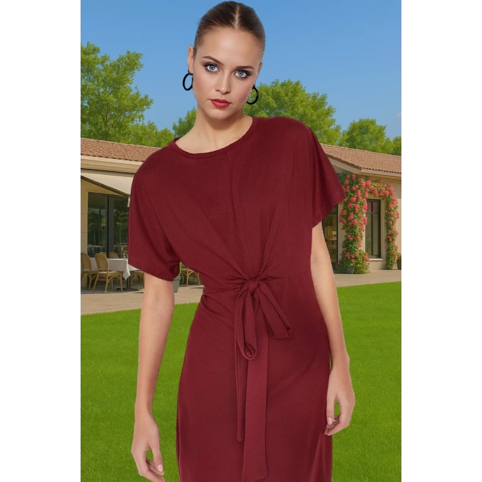 Yazlık Kadın Pamuk Midi Elbise Bodycon Kalıp Bağcıklı Tasarım Modern Stil Profesyonel Görünüm