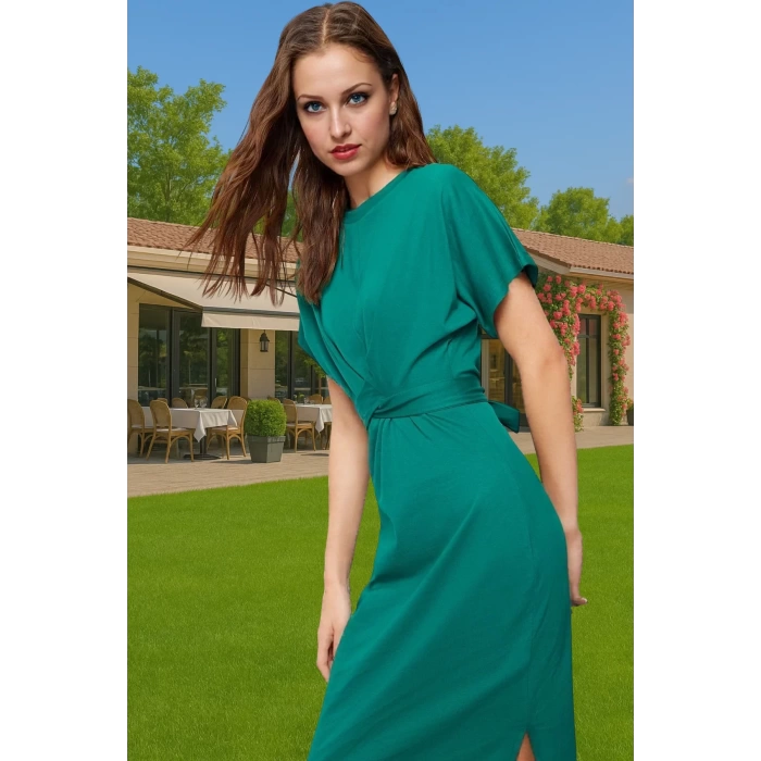 Yazlık Kadın Pamuk Midi Elbise Bodycon Kalıp Bağcıklı Tasarım Modern Stil Profesyonel Görünüm