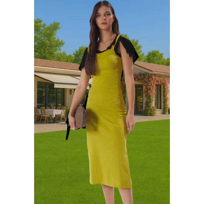 Yazlık Kadın Pamuk Midi Elbise Bodycon Kalıp Bağcıklı Tasarım Modern Stil Profesyonel Görünüm