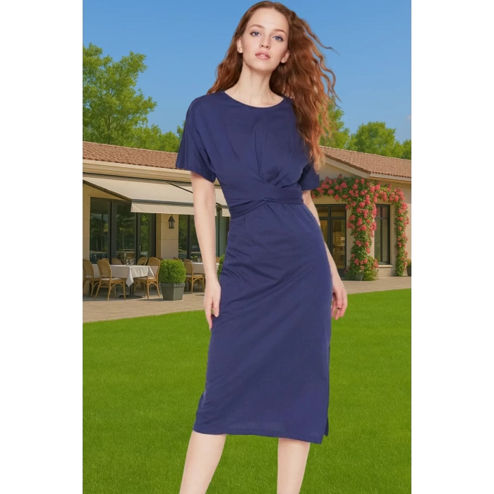 Yazlık Kadın Pamuk Midi Elbise Bodycon Kalıp Bağcıklı Tasarım Modern Stil Profesyonel Görünüm