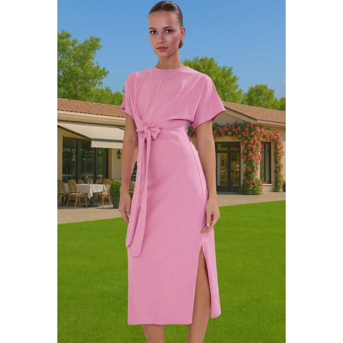 Yazlık Kadın Pamuk Midi Elbise Bodycon Kalıp Bağcıklı Tasarım Modern Stil Profesyonel Görünüm