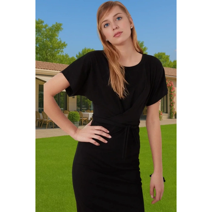 Yazlık Kadın Pamuk Midi Elbise Bodycon Kalıp Bağcıklı Tasarım Modern Stil Profesyonel Görünüm
