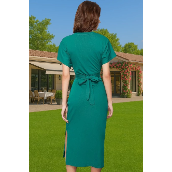 Yazlık Kadın Pamuk Midi Elbise Bodycon Kalıp Bağcıklı Tasarım Modern Stil Profesyonel Görünüm