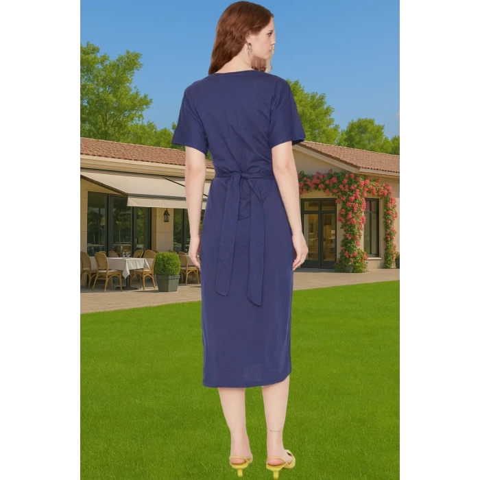 Yazlık Kadın Pamuk Midi Elbise Bodycon Kalıp Bağcıklı Tasarım Modern Stil Profesyonel Görünüm