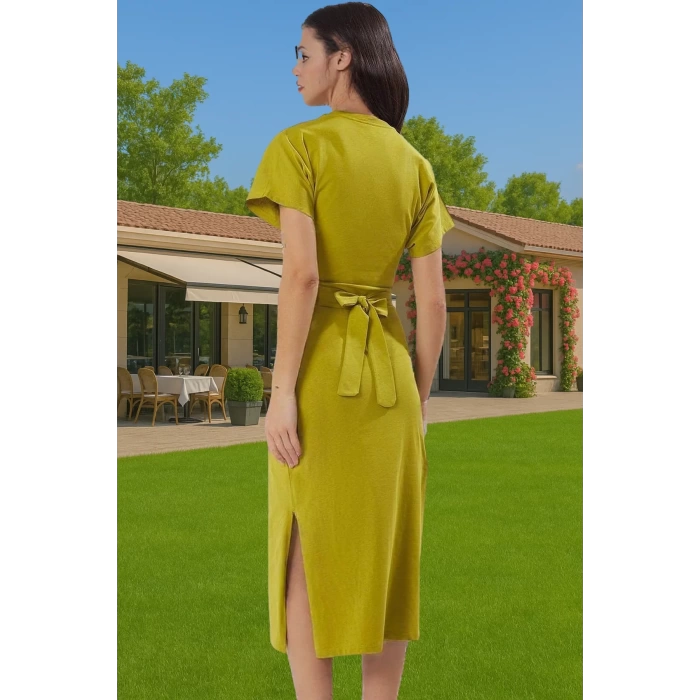 Yazlık Kadın Pamuk Midi Elbise Bodycon Kalıp Bağcıklı Tasarım Modern Stil Profesyonel Görünüm