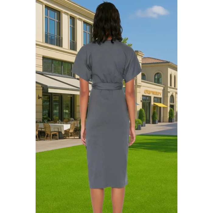 Yazlık Kadın Pamuk Midi Elbise Bodycon Kalıp Bağcıklı Tasarım Modern Stil Profesyonel Görünüm
