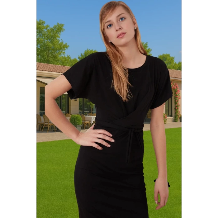 Yazlık Kadın Pamuk Midi Elbise Bodycon Kalıp Bağcıklı Tasarım Modern Stil Profesyonel Görünüm