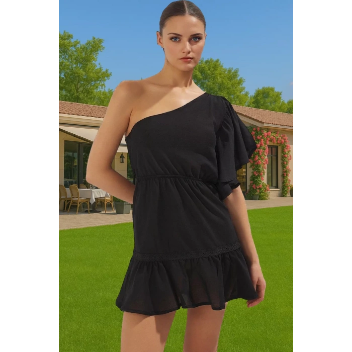 Yazlık Kadın Tek Omuz Mini Pamuk Elbise Rahat Kullanım Günlük Kullanım İçin Modern Stil