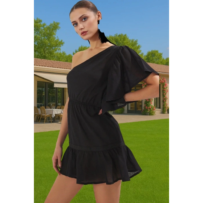 Yazlık Kadın Tek Omuz Mini Pamuk Elbise Rahat Kullanım Günlük Kullanım İçin Modern Stil