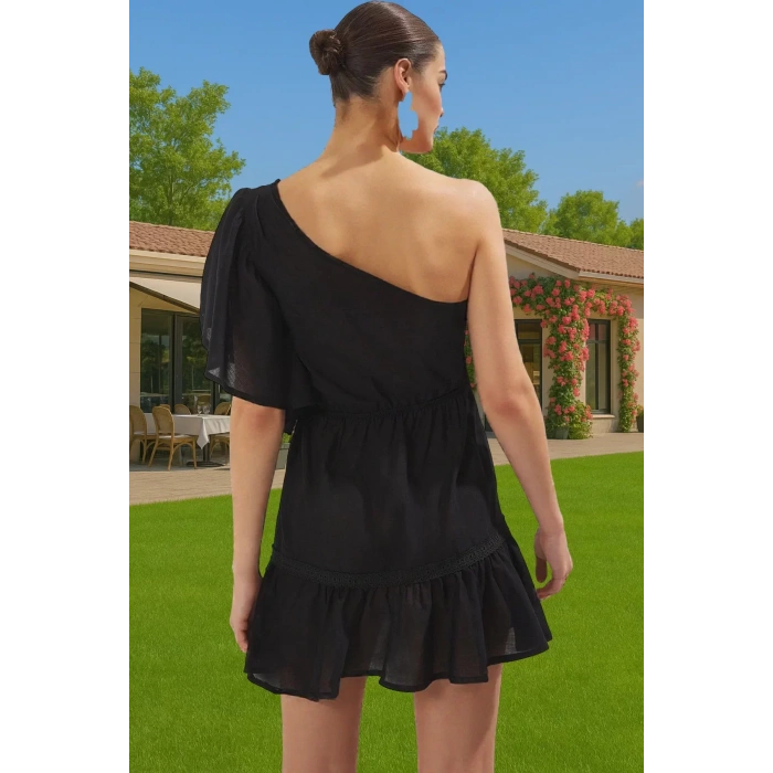 Yazlık Kadın Tek Omuz Mini Pamuk Elbise Rahat Kullanım Günlük Kullanım İçin Modern Stil