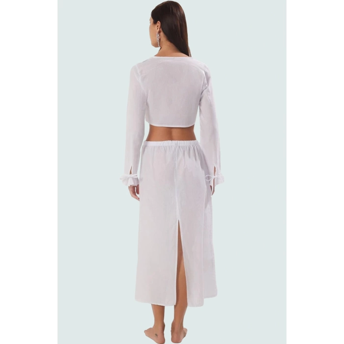 Yazlık Kadın Uzun Kollu Pamuklu Bluz Etek Takım Plaj Modası Profesyonel Görünüm Modern Stil
