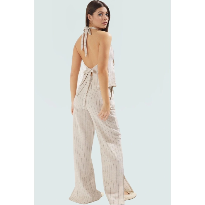 Yazlık Keten Görünümlü Çizgili Yelek Pantolon Takım Modern ve Şık Uzun Ömürlü