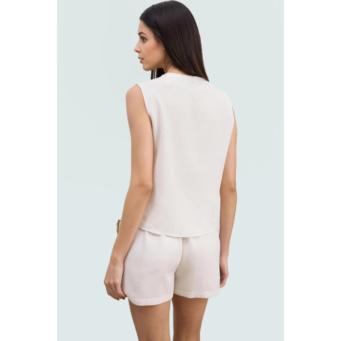 Yazlık Keten Karışımlı Bisiklet Yaka Bluz Rahat Günlük Stil Premium Kalite Profesyonel Görünüm