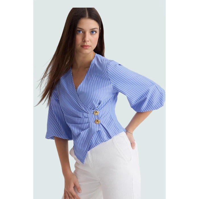 Yazlık Kısa Kol Çizgili Terrycotton Bluz V Yaka Casual Modern Stil Yüksek Kalite Uzun Ömürlü