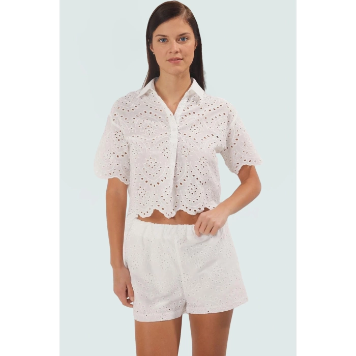 Yazlık Kısa Kollu Brode Pamuklu Şort Takım Plaj Modern Stil Konforlu Kesim Premium Kalite