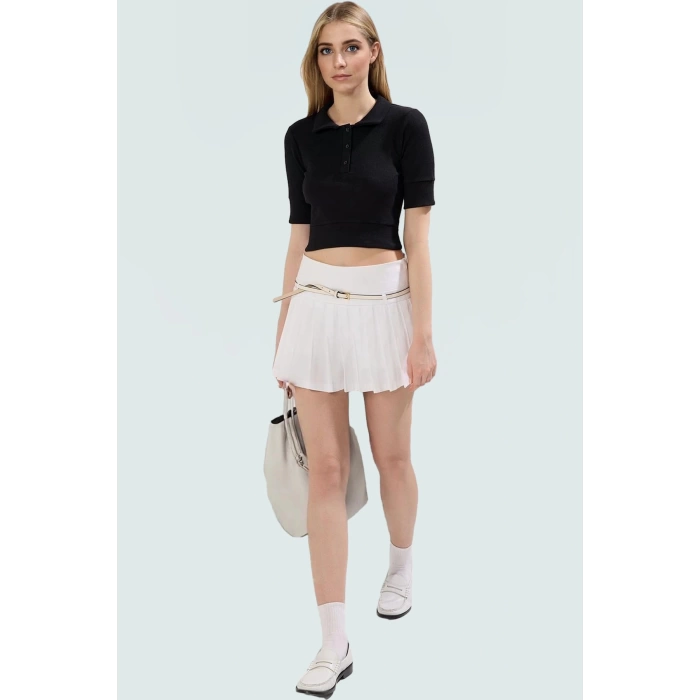 Yazlık Kısa Kollu Crop Bluz Polo Yaka Fitted Rejenere Kaşkorse Kumaş Özel Tasarım