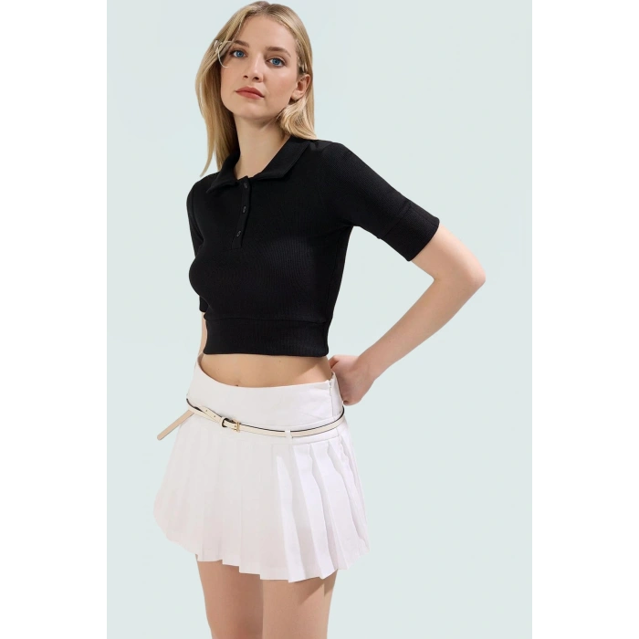 Yazlık Kısa Kollu Crop Bluz Polo Yaka Fitted Rejenere Kaşkorse Kumaş Özel Tasarım
