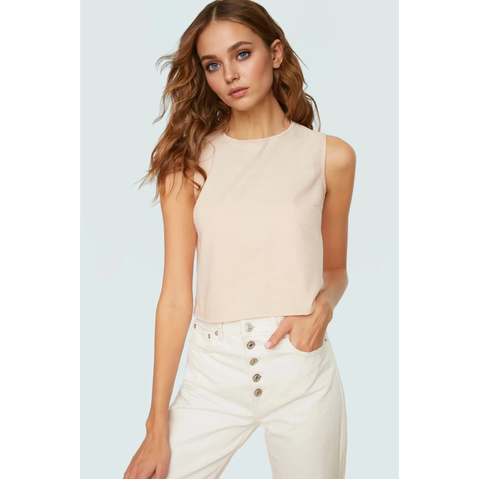 Yazlık Kolsuz Crop Bluz Rahat Günlük Polyester Dokuma Kumaş Ve Şık Özel Tasarım
