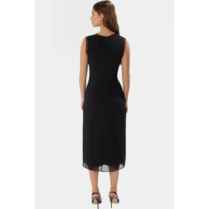 Yazlık Kolsuz Dantel Detaylı Midi Elbise A Kesim  Polyester Dokuma Trend Tasarım