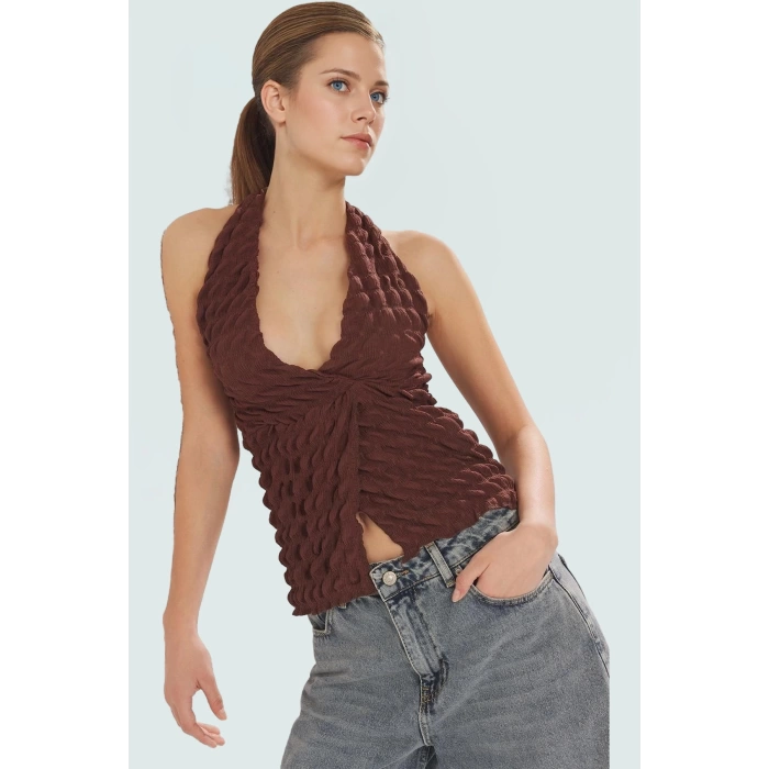 Yazlık Kolsuz Fitted Bluz Boyundan Bağlamalı Asimetrik Özel Tasarım Rahat Ve Şık