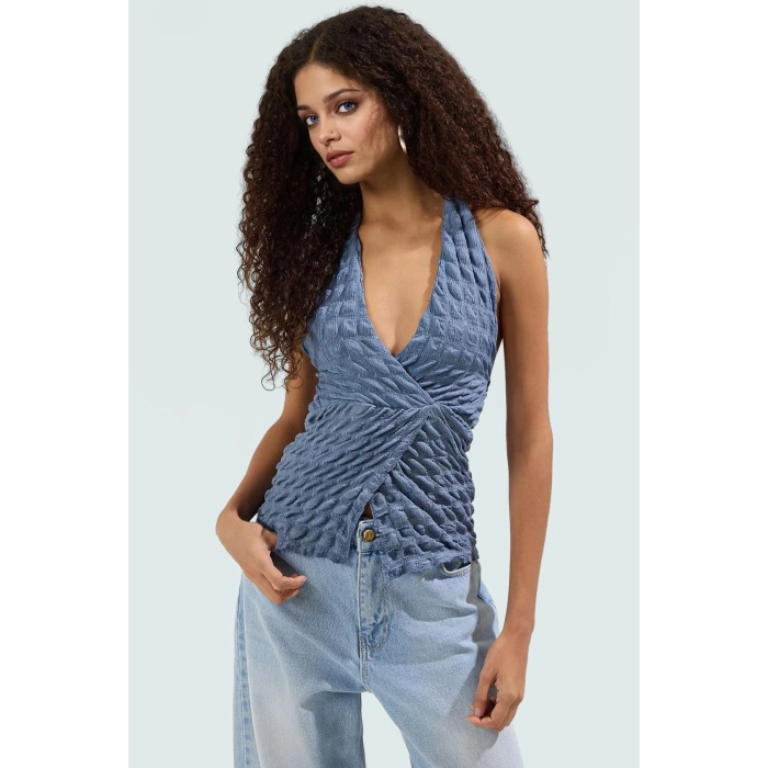 Yazlık Kolsuz Fitted Bluz Boyundan Bağlamalı Asimetrik Özel Tasarım Rahat Ve Şık