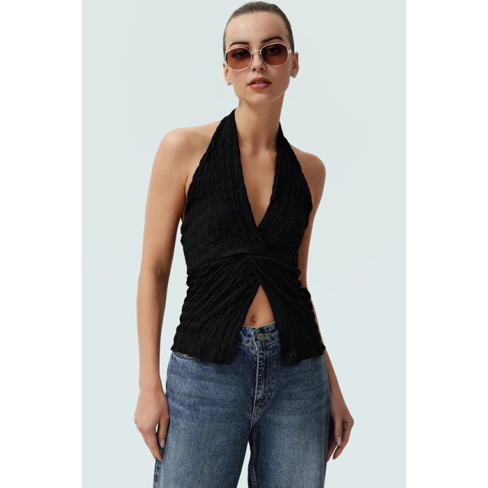 Yazlık Kolsuz Fitted Bluz Boyundan Bağlamalı Asimetrik Özel Tasarım Rahat Ve Şık