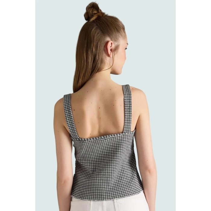 Yazlık Kolsuz Fitted Bluz Nefes Alan Jakar Örme Kumaş Kare Desen Yüksek Kalite