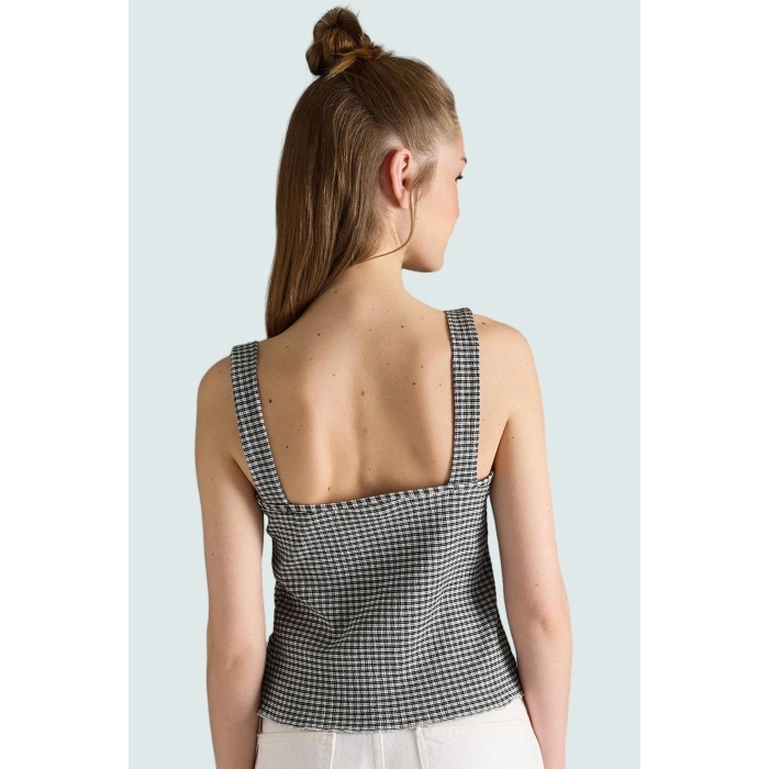 Yazlık Kolsuz Fitted Bluz Nefes Alan Jakar Örme Kumaş Kare Desen Yüksek Kalite