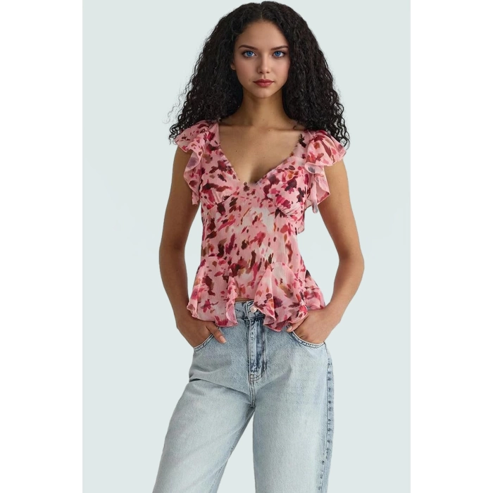 Yazlık Kolsuz Şifon Bluz V Yaka Çiçek Desenli Polyester Kumaş Premium Kalite Yüksek