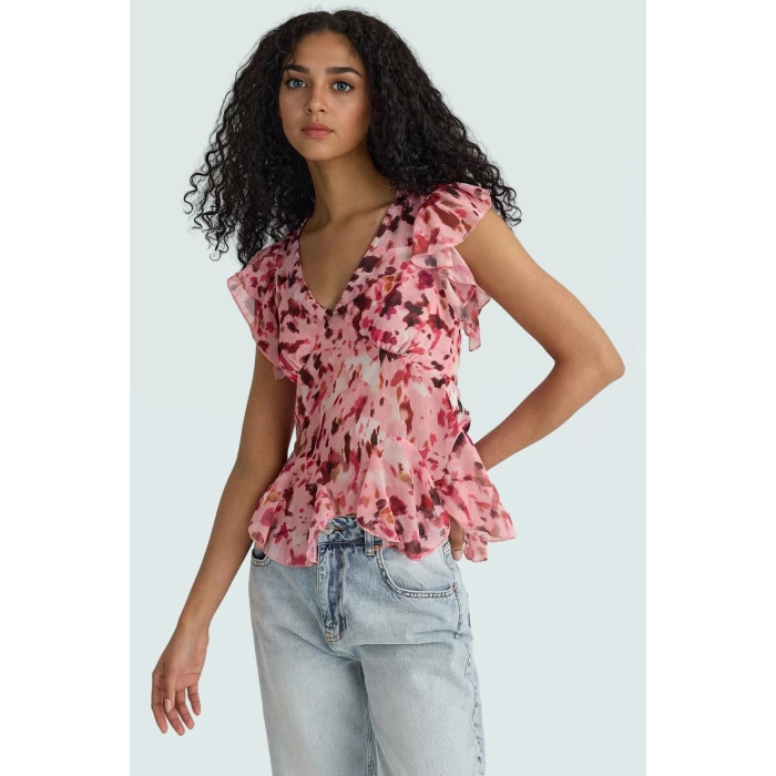 Yazlık Kolsuz Şifon Bluz V Yaka Çiçek Desenli Polyester Kumaş Premium Kalite Yüksek