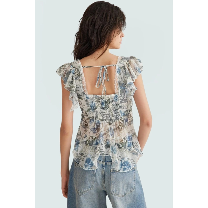 Yazlık Kolsuz Şifon Bluz V Yaka Çiçek Desenli Polyester Kumaş Premium Kalite Yüksek
